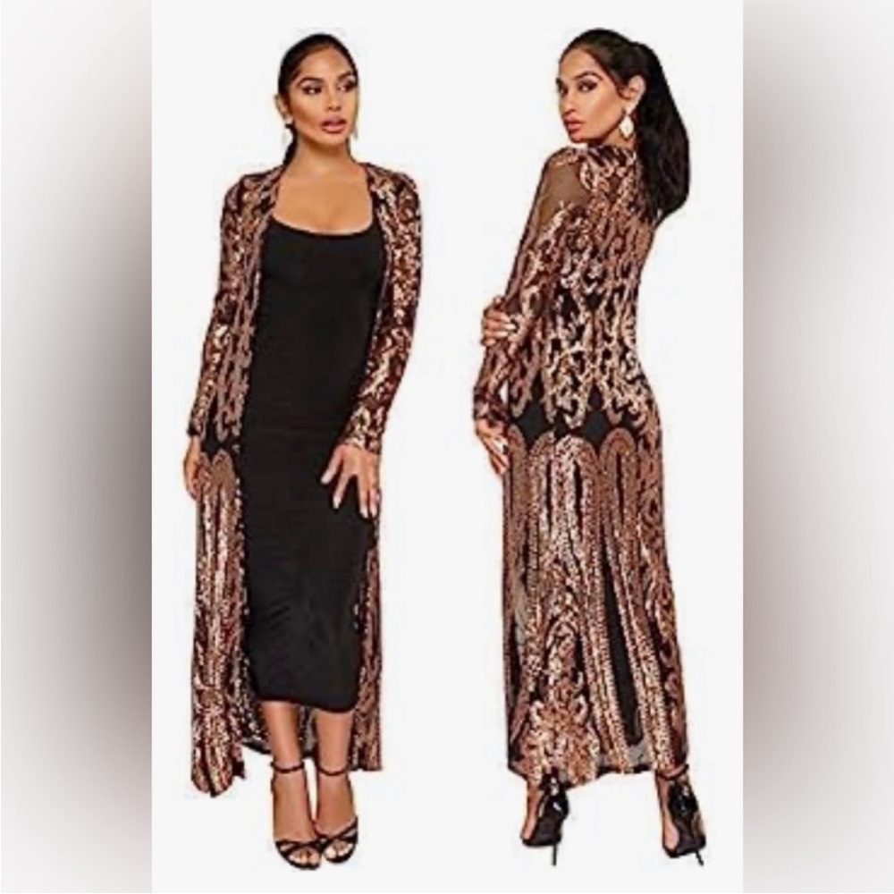 Women Totem Sequin Applique Long Sleeved Perspective Ankle Length Cardig…